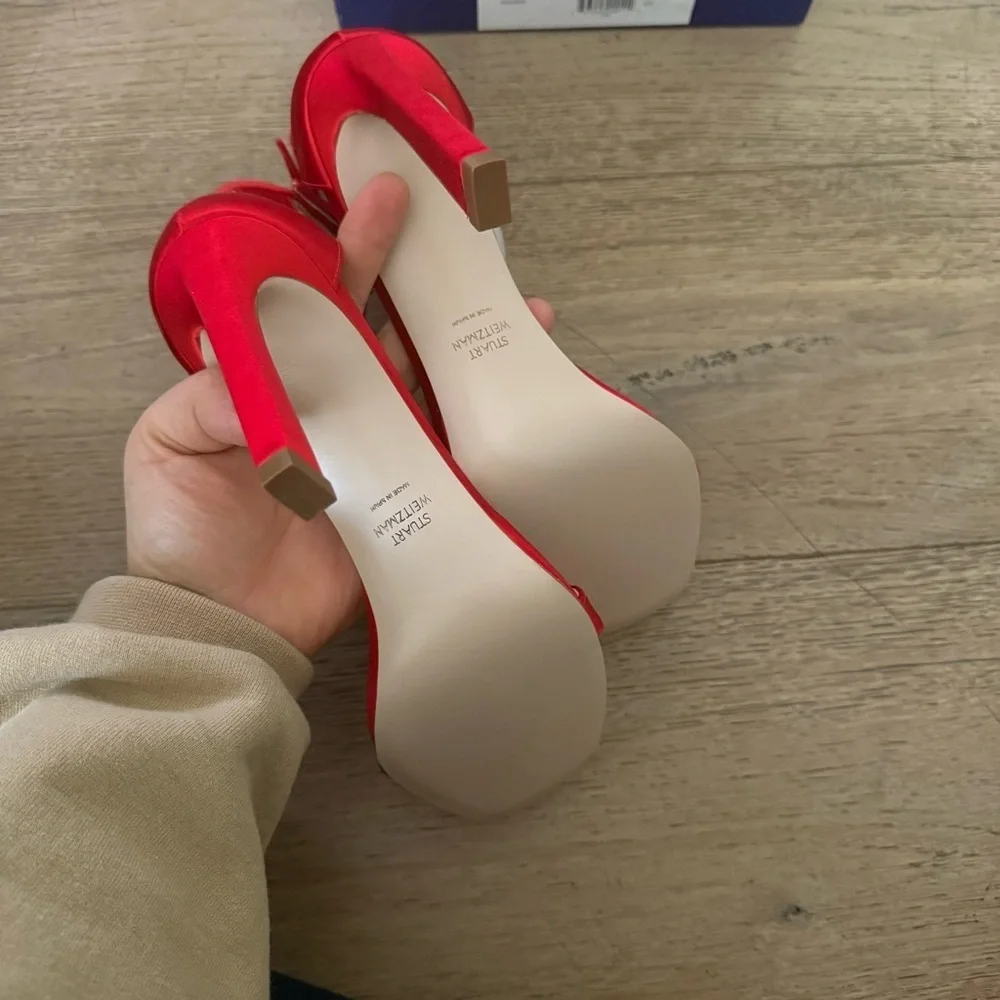 Stuart Weitzman Red Satin Heels with Ankle Strap
